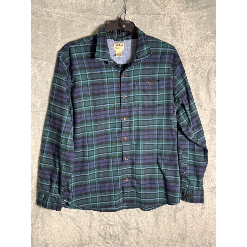 LL Bean Mens Traditional Fit Plaid Flannel Shirt Green Blue Large